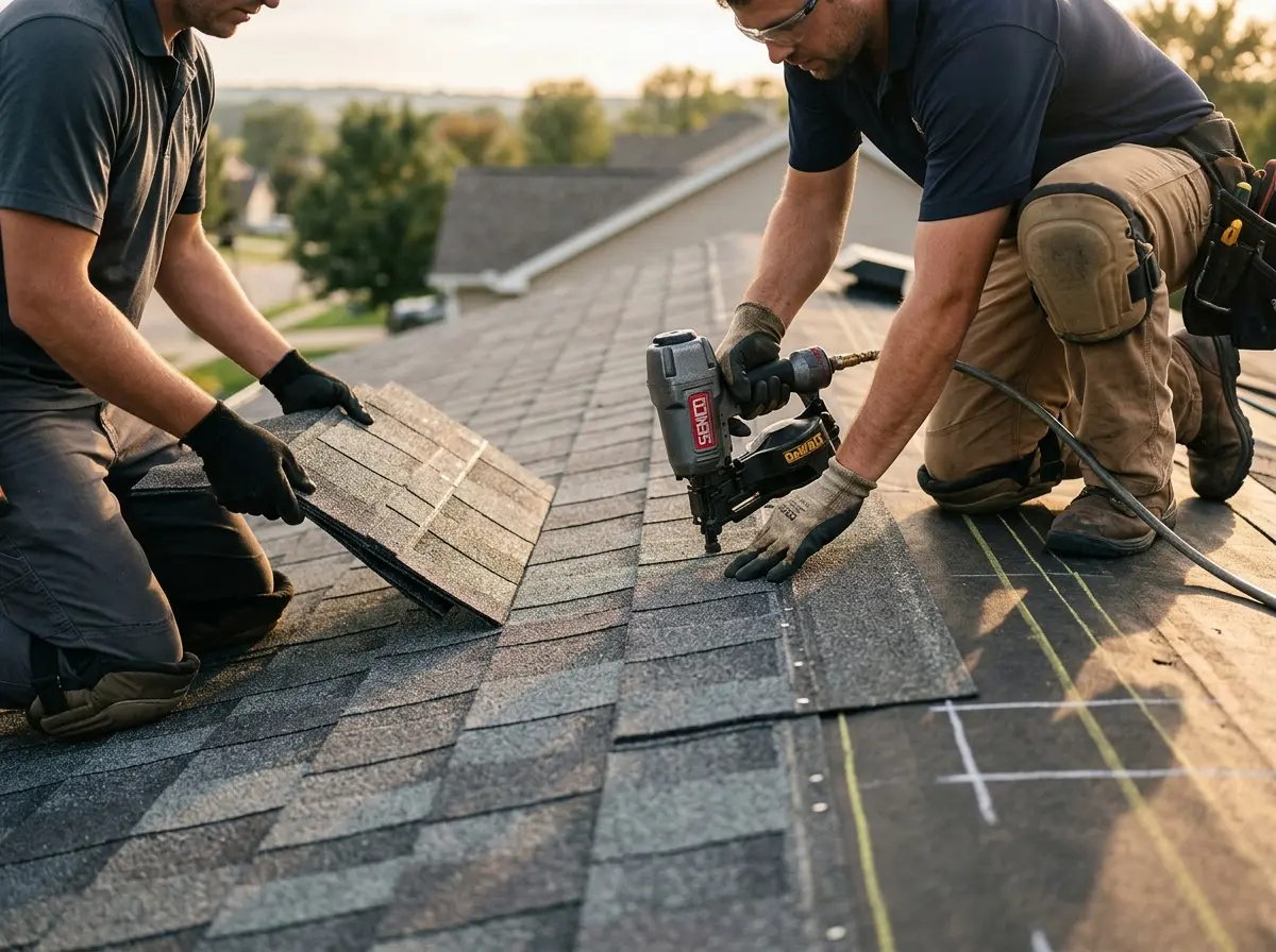 Professional roofer working on a residential roof in Albert Lea